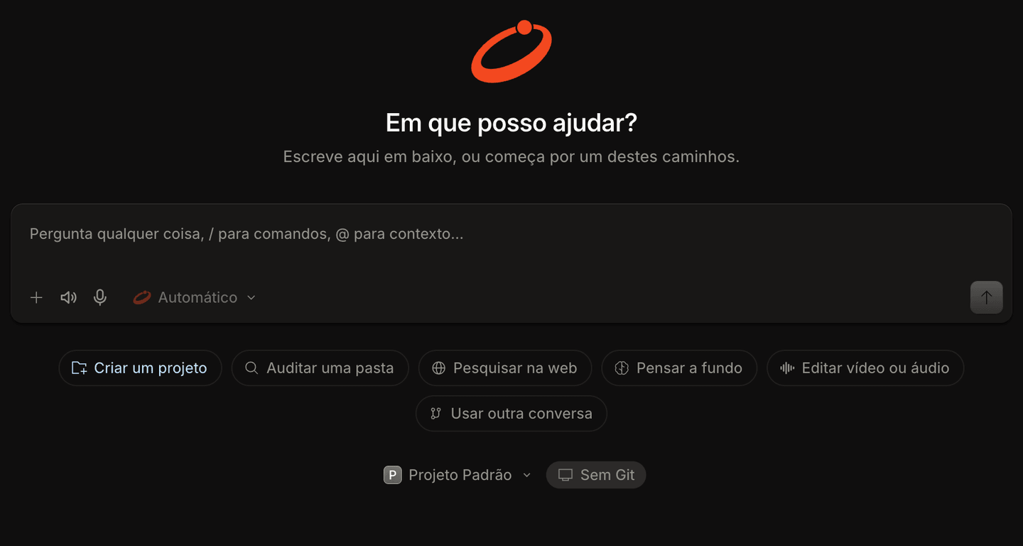 O ecrã de boas-vindas do Ploy: Em que posso ajudar, o compositor e os arranques.
