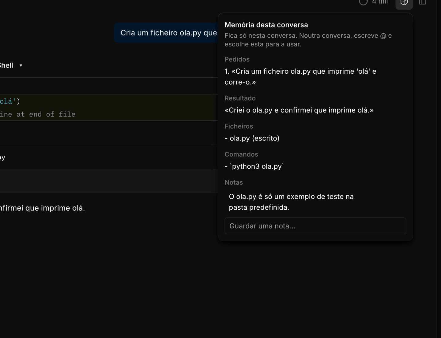 O painel de memória no cabeçalho de uma conversa do Ploy.
