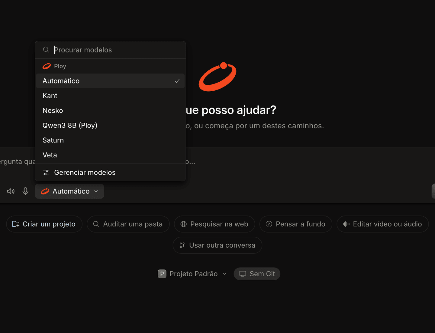 O seletor de modelos do Ploy aberto: Automático, Kant, Nesko, Saturn e Veta.