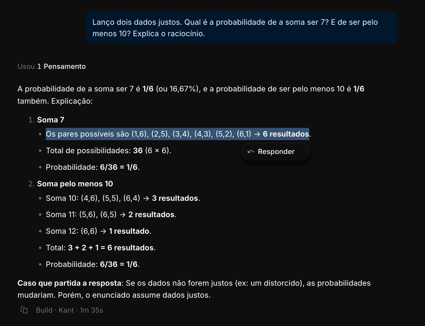 Um trecho selecionado numa resposta, com o botão Responder.