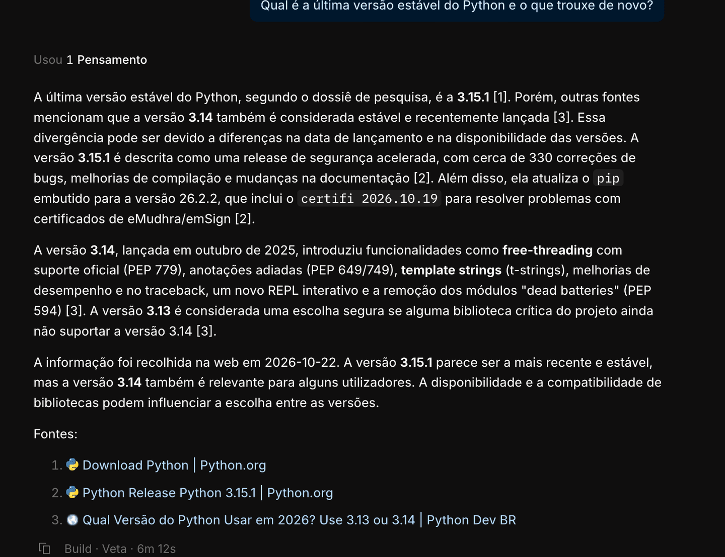 A resposta do Veta com referências numeradas e a lista de fontes, depois de seis minutos a pesquisar.